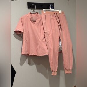 Pink sand scrubs figs top S pants M